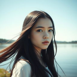 A white-skinned girl with long, flowing black hair stands by the tranquil lakeside