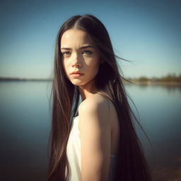 A white-skinned girl with long, flowing black hair stands by the tranquil lakeside