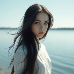 A white-skinned girl with long, flowing black hair stands by the tranquil lakeside