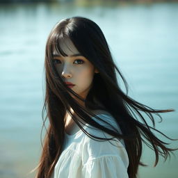 A white-skinned girl with long, flowing black hair stands by the tranquil lakeside