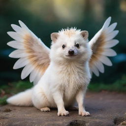 An enchanting hedgehog with the powerful legs of a polar bear, delicate ears of a fennec fox and graceful bird wings.