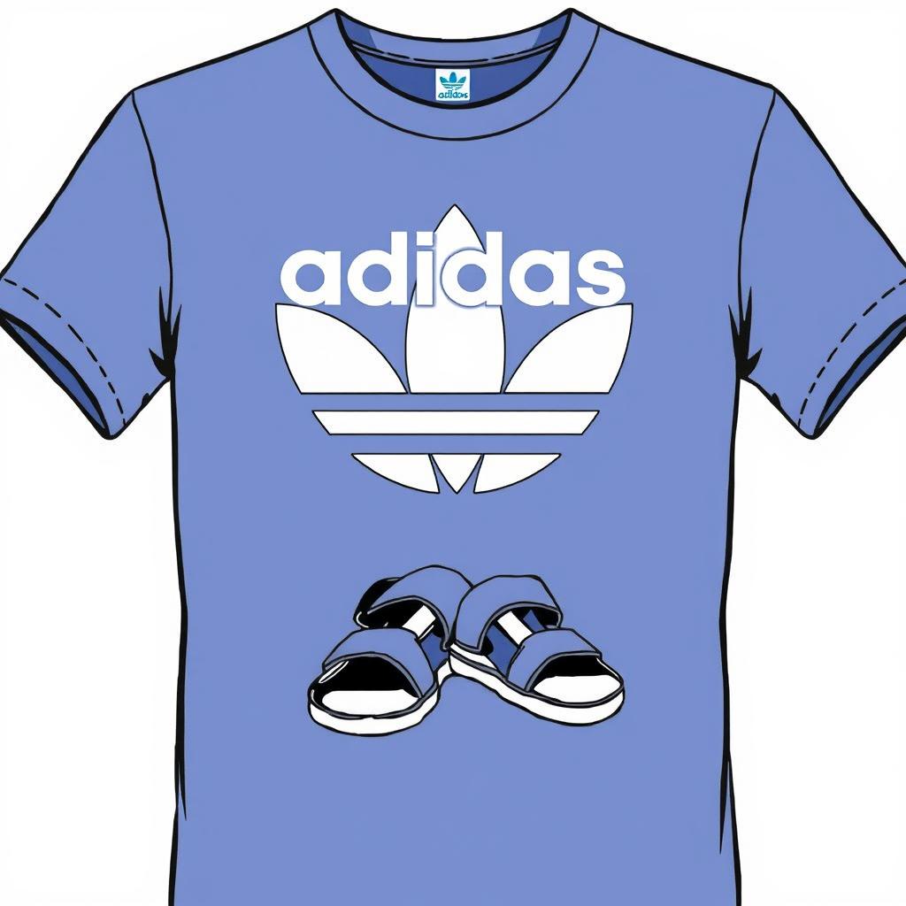 A stylish t-shirt featuring the word 'Adidas' prominently displayed on the front, complemented by a detailed illustration of classic Adidas sandals in a dynamic pose beneath the logo