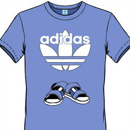 A stylish t-shirt featuring the word 'Adidas' prominently displayed on the front, complemented by a detailed illustration of classic Adidas sandals in a dynamic pose beneath the logo