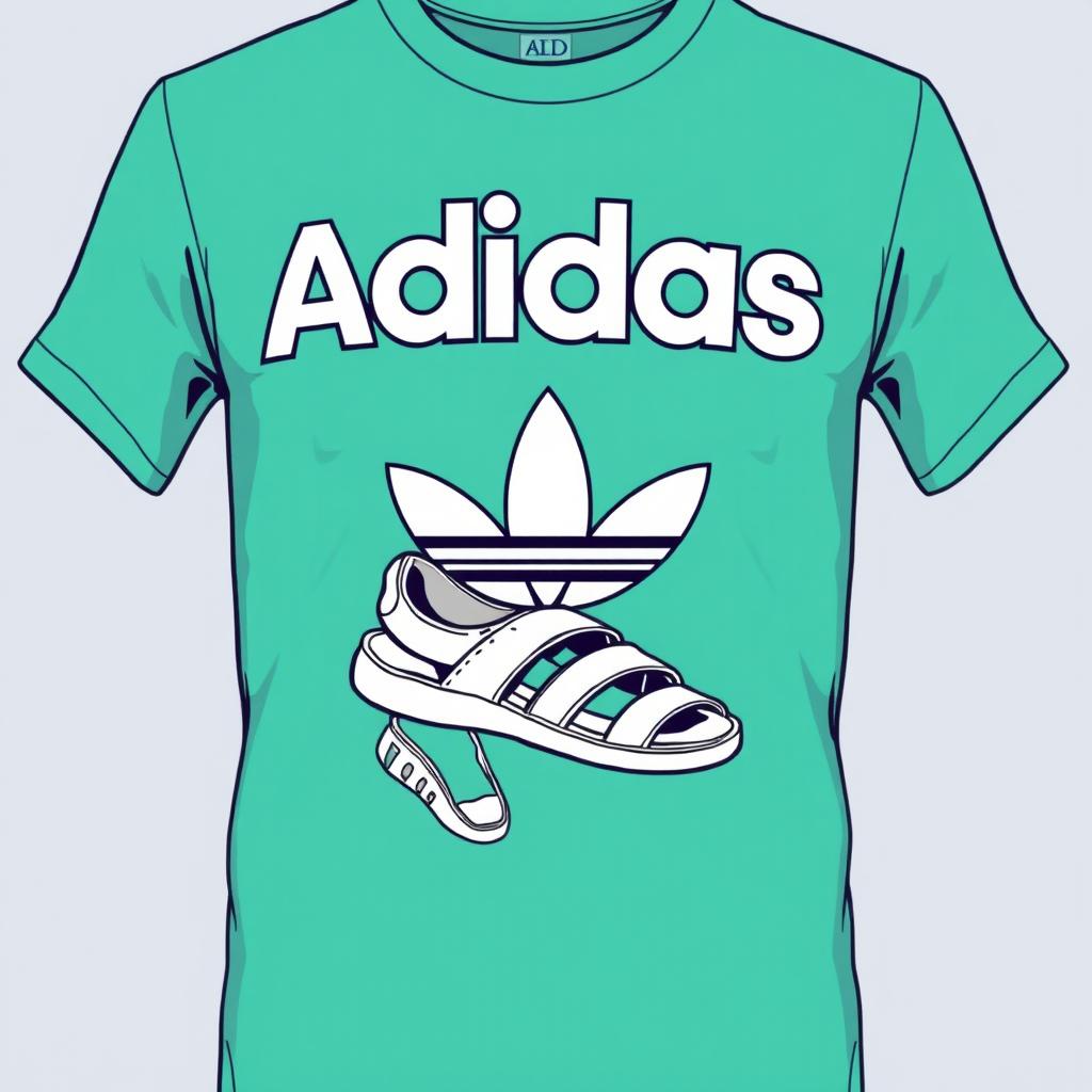 A stylish t-shirt featuring the word 'Adidas' prominently displayed on the front, complemented by a detailed illustration of classic Adidas sandals in a dynamic pose beneath the logo