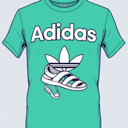 A stylish t-shirt featuring the word 'Adidas' prominently displayed on the front, complemented by a detailed illustration of classic Adidas sandals in a dynamic pose beneath the logo