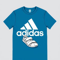 A stylish t-shirt featuring the word 'Adidas' prominently displayed on the front, complemented by a detailed illustration of classic Adidas sandals in a dynamic pose beneath the logo