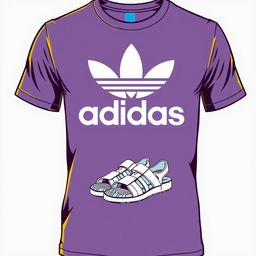 A stylish t-shirt featuring the word 'Adidas' prominently displayed on the front, complemented by a detailed illustration of classic Adidas sandals in a dynamic pose beneath the logo