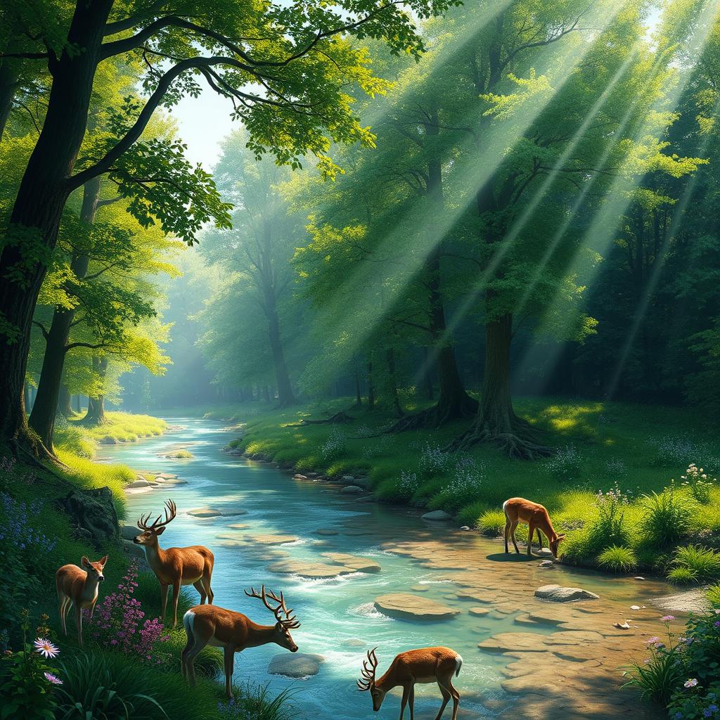 A serene and enchanting forest fantasy scene, with a crystal-clear river flowing through a dense, verdant forest