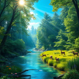 A serene and enchanting forest fantasy scene, with a crystal-clear river flowing through a dense, verdant forest