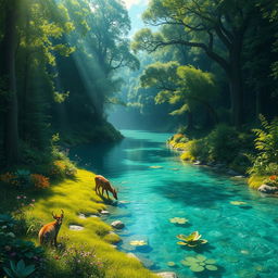 A serene and enchanting forest fantasy scene, with a crystal-clear river flowing through a dense, verdant forest