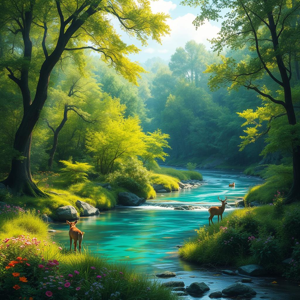 A serene and enchanting forest fantasy scene, with a crystal-clear river flowing through a dense, verdant forest