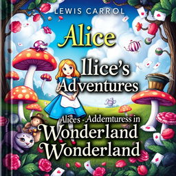 A whimsical and enchanting book cover for Lewis Carroll's "Alice's Adventures in Wonderland