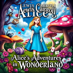 A whimsical and enchanting book cover for Lewis Carroll's "Alice's Adventures in Wonderland