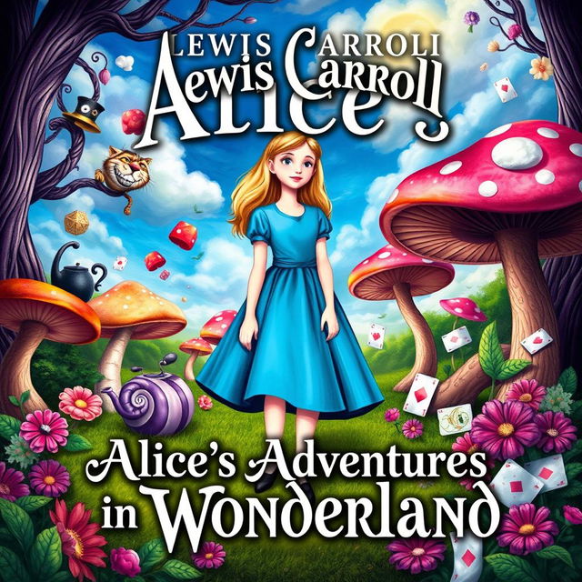 A whimsical and enchanting book cover for Lewis Carroll's "Alice's Adventures in Wonderland