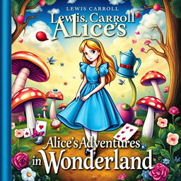 A whimsical and enchanting book cover for Lewis Carroll's "Alice's Adventures in Wonderland