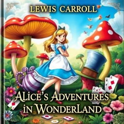 A whimsical and enchanting book cover for Lewis Carroll's "Alice's Adventures in Wonderland