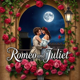 An alluring and romantic book cover for William Shakespeare's timeless play "Romeo and Juliet