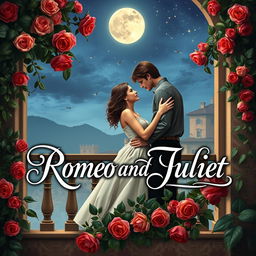 An alluring and romantic book cover for William Shakespeare's timeless play "Romeo and Juliet