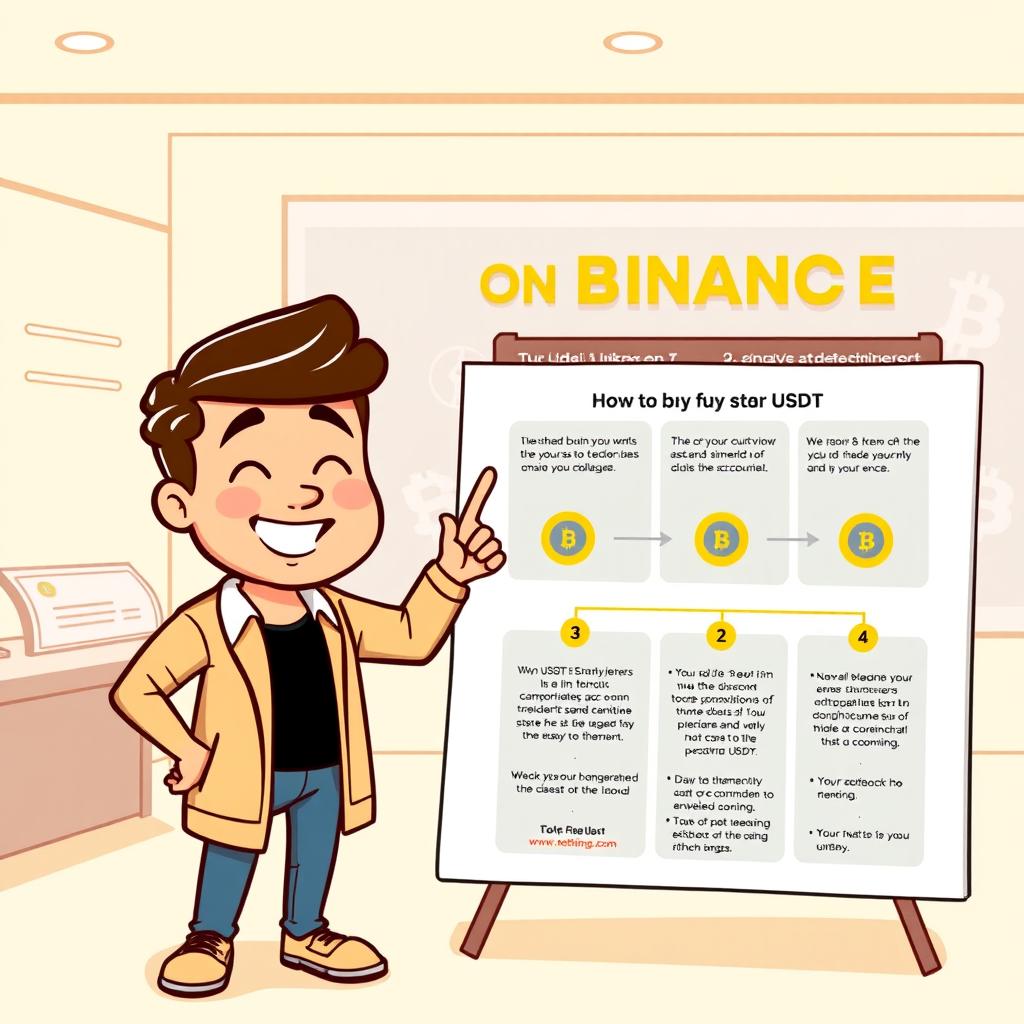 A friendly and approachable illustration of a person pointing towards instructions on how to buy USDT on Binance