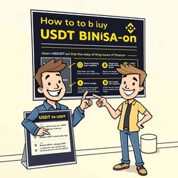 A friendly and approachable illustration of a person pointing towards instructions on how to buy USDT on Binance