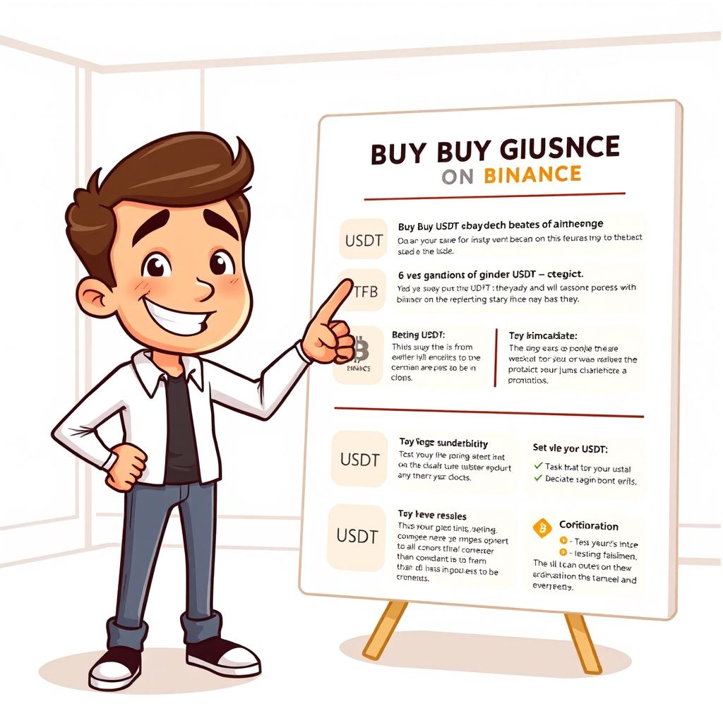 A friendly and approachable illustration of a person pointing towards instructions on how to buy USDT on Binance