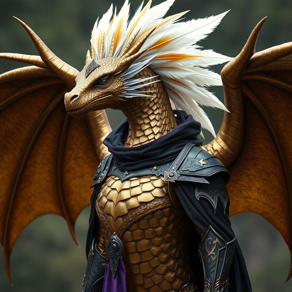 A majestic bronze-colored female dragon with a striking white and gold feather mohawk