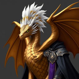 A majestic bronze-colored female dragon with a striking white and gold feather mohawk