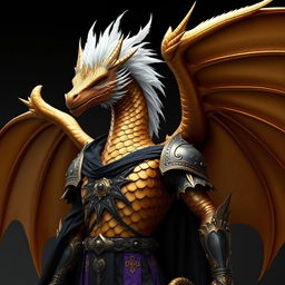 A majestic bronze-colored female dragon with a striking white and gold feather mohawk