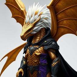 A majestic bronze-colored female dragon with a striking white and gold feather mohawk