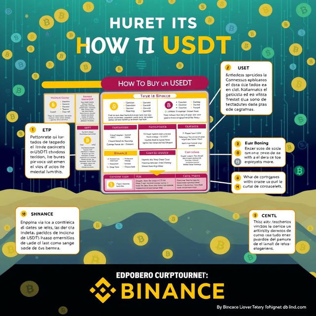 An informative and visually engaging illustration that shows how to buy USDT on Binance, with instructions in Spanish prominently featured