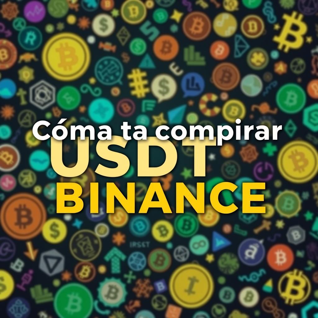 A visually engaging image that prominently features the text "Cómo comprar USDT en Binance" in Spanish, set against a vibrant background filled with diverse cryptocurrency symbols and icons