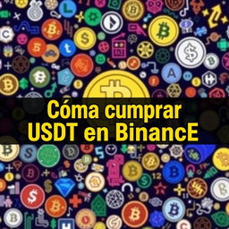 A visually engaging image that prominently features the text "Cómo comprar USDT en Binance" in Spanish, set against a vibrant background filled with diverse cryptocurrency symbols and icons