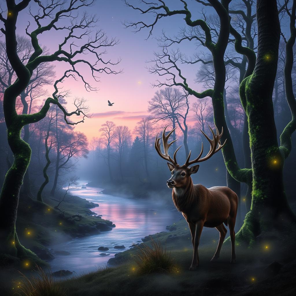 An enchanting forest at dusk, filled with magical creatures like fairies and glowing fireflies