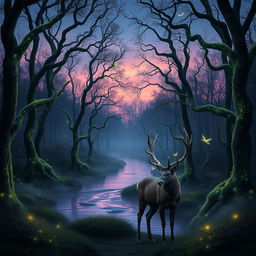 An enchanting forest at dusk, filled with magical creatures like fairies and glowing fireflies