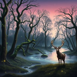 An enchanting forest at dusk, filled with magical creatures like fairies and glowing fireflies