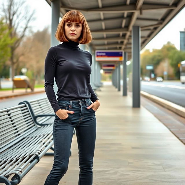 A stylish 34-year-old woman with a bob haircut is waiting at a bus station