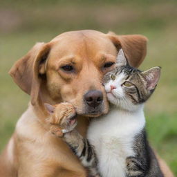 A friendly dog gently holding a small, peaceful cat in its mouth, depicting a unique harmony between different species.