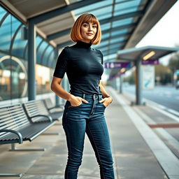 A stylish 34-year-old woman with a bob haircut is waiting at a bus station