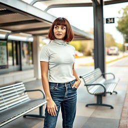 A stylish 34-year-old woman with a bob haircut is waiting at a bus station