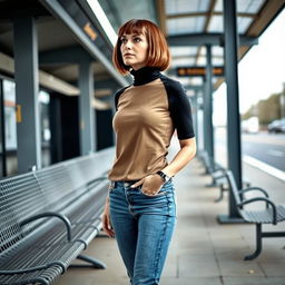 A stylish 34-year-old woman with a bob haircut is waiting at a bus station