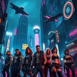 A powerful and intense image of a futuristic cyberpunk city at night, illuminated by vibrant neon signs and holograms