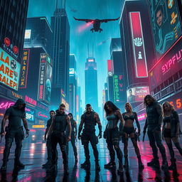 A powerful and intense image of a futuristic cyberpunk city at night, illuminated by vibrant neon signs and holograms