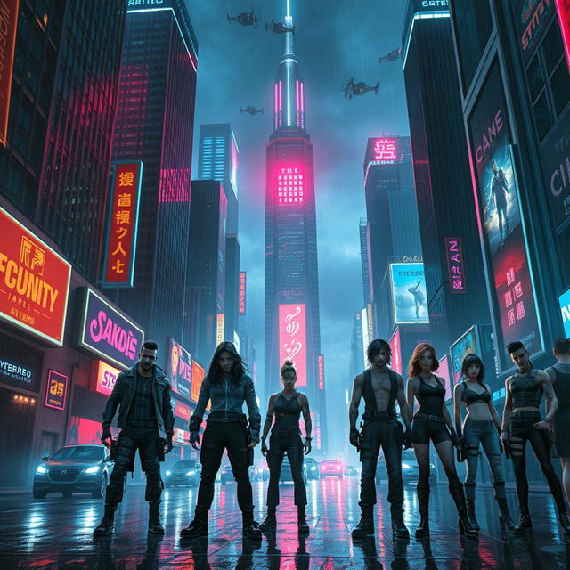 A powerful and intense image of a futuristic cyberpunk city at night, illuminated by vibrant neon signs and holograms