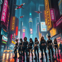 A powerful and intense image of a futuristic cyberpunk city at night, illuminated by vibrant neon signs and holograms