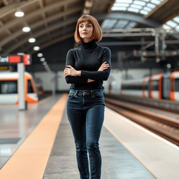 A fashionable 33-year-old woman with a chic bob haircut is waiting at a train station, her arms folded casually