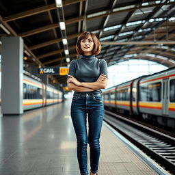 A fashionable 33-year-old woman with a chic bob haircut is waiting at a train station, her arms folded casually