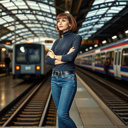 A fashionable 33-year-old woman with a chic bob haircut is waiting at a train station, her arms folded casually