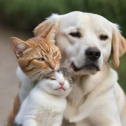 A friendly dog gently holding a small, peaceful cat in its mouth, depicting a unique harmony between different species.