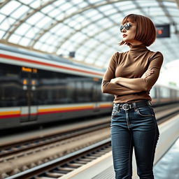 A fashionable 33-year-old woman with a chic bob haircut is waiting at a train station, her arms folded casually