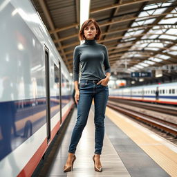 A fashionable 33-year-old woman with a chic bob haircut is waiting at a train station, her expression showing annoyance